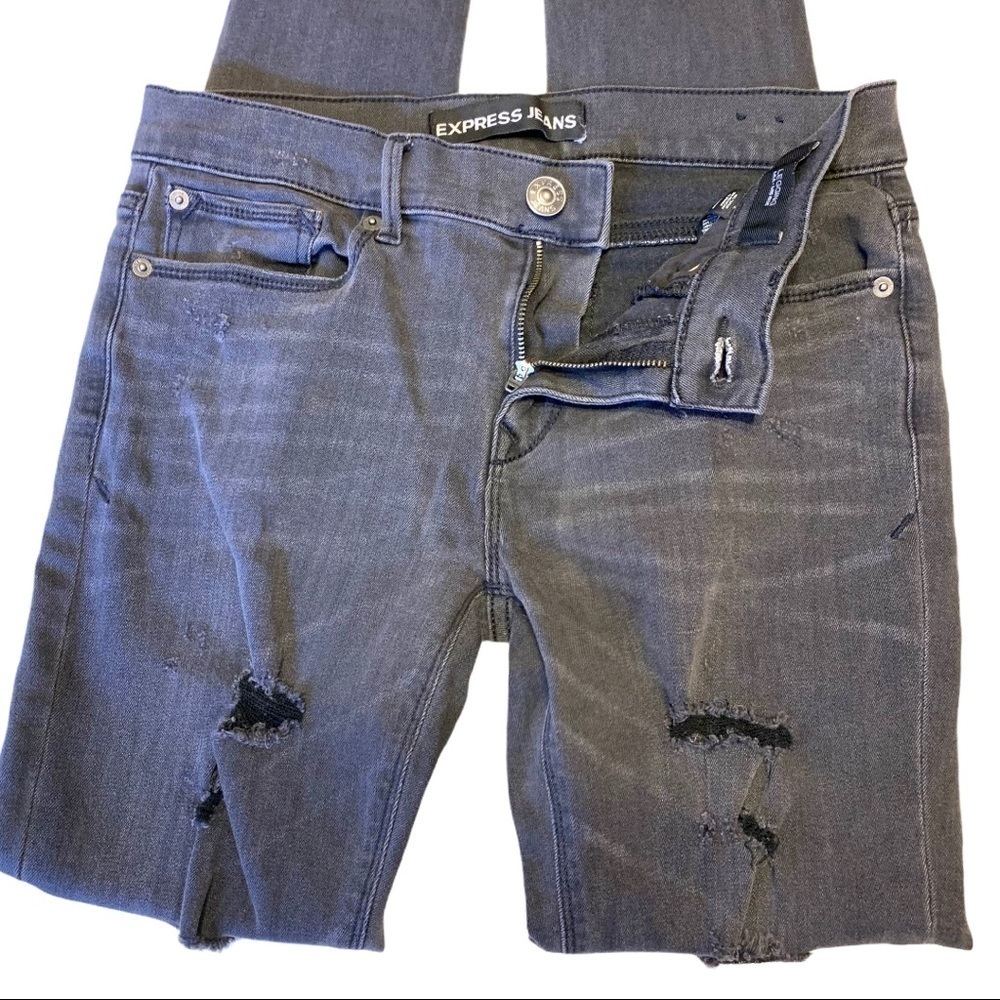 Express Charcoal Destructed Denim Leggings Jeans - Picture 6 of 11